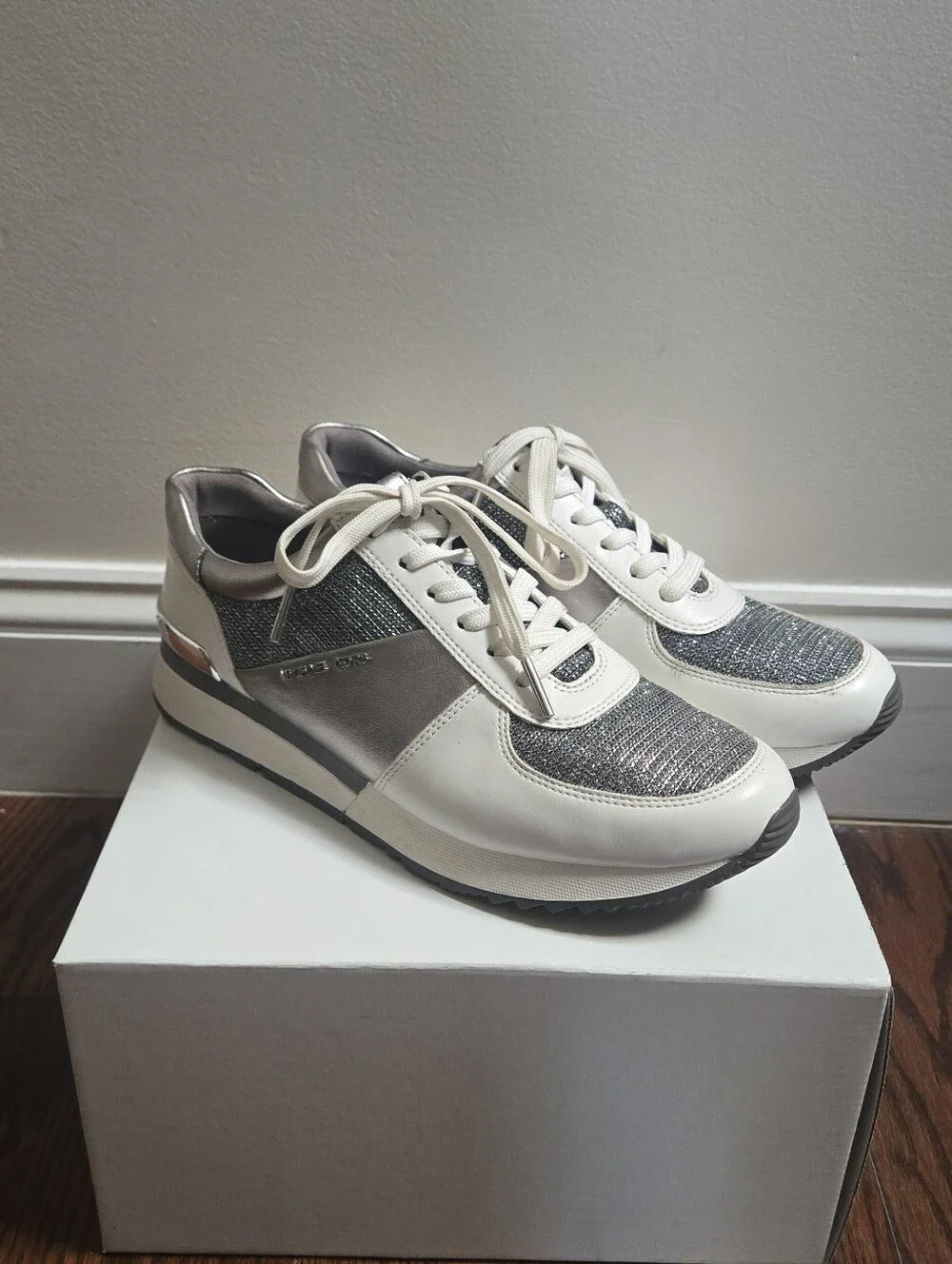 Michael Kors Silver & White Glitter Lace-Up Trainer